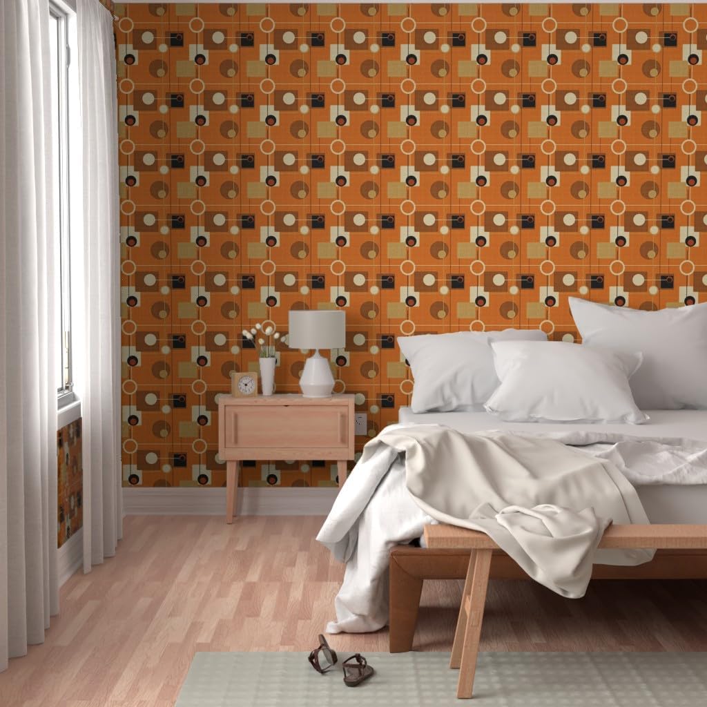 Spoonflower Peel & Stick Wallpaper Swatch - Orbs Squares Orange Atomic Vintage Pattern Fifties Brown Mid Century Modern Rustic Retro Decor Custom Removable Wallpaper