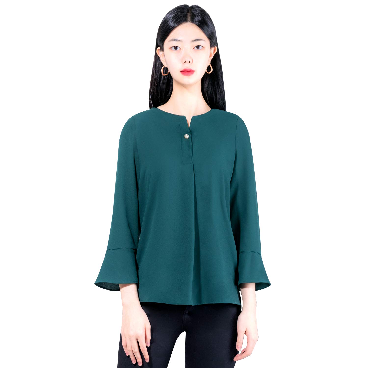 LENUEWomen's Pearl Button Round Neck 3/4 Bell Sleeve Chiffon Blouse - K-POP Fashion Style