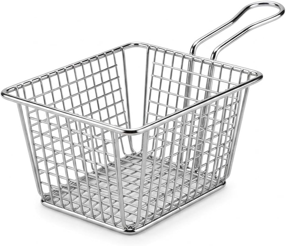 [12 Baskets] Chrome Rectangular Mini Fry Basket, Metal with Handle, 7 x 5 x 3 Inches, Silver, Dishwasher Safe, for Food Service Presentation