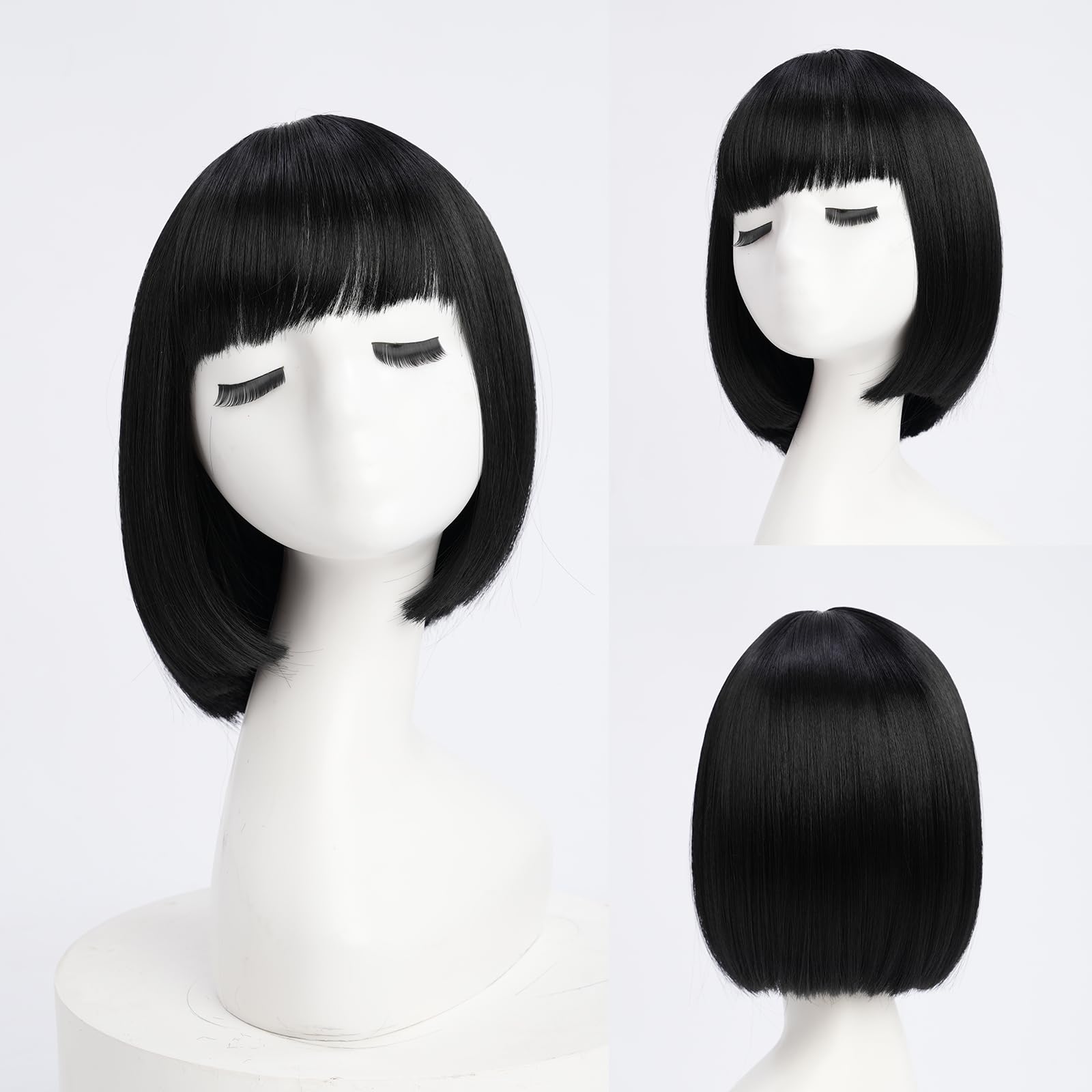 YaissmyLu Short Black Bob Wig with Bangs Black Straight Bob Wigs for Women Natural Looking Synthetic Hair Heat Resistant Fiber Colorful Wig for Costume Cosplay Party (10 inch) - Image 2
