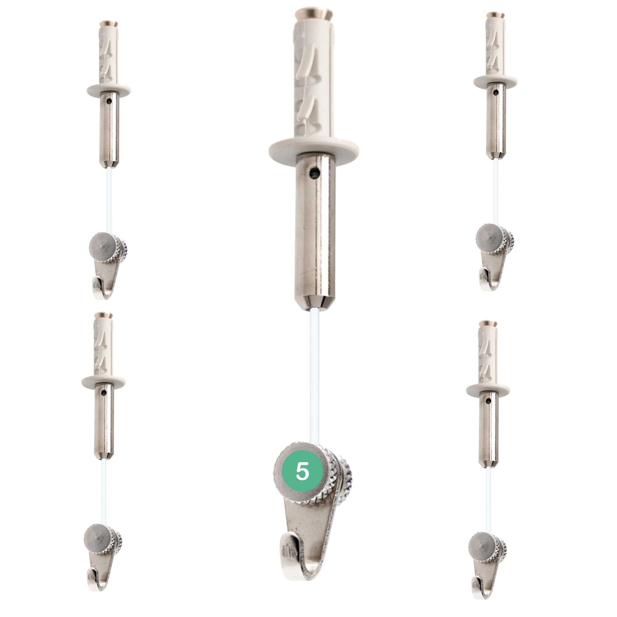 Gancho para colgar cuadros | Gancho RM con ajuste manual | Cable de nylon de 2 m | Altura regulable sin herramientas | Soporta hasta 15 kg | Incluye taco expansivo - 5 unidades