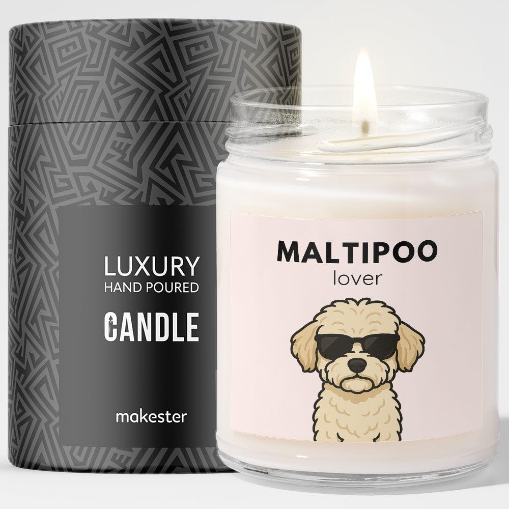 Maltipoo Gifts - Luxury Soy Wax Candle - Vanilla, Jasmine, Sugared Almond - Dogs in Shades - Makester