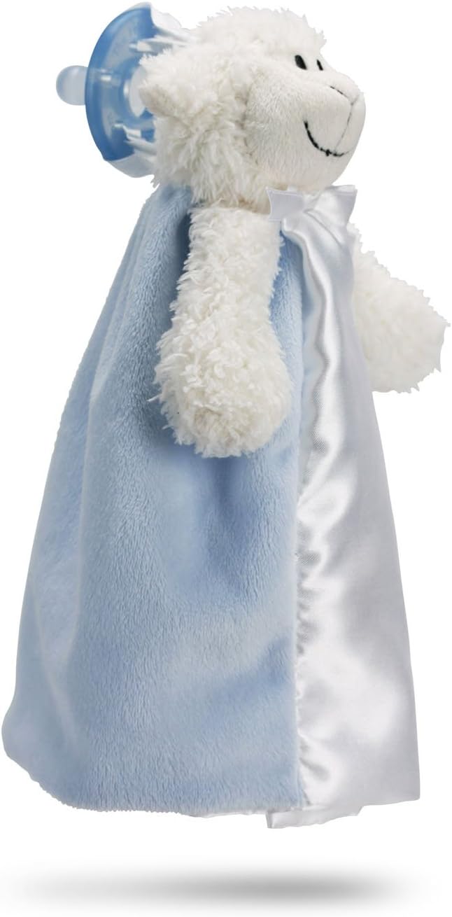 Friendly Pacifier Satin Blanket with Detachable Pacifier, Blue Lamb