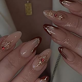 Almond Red French Tip Press on Nails - Medium Premium Fake Nails with 3D...