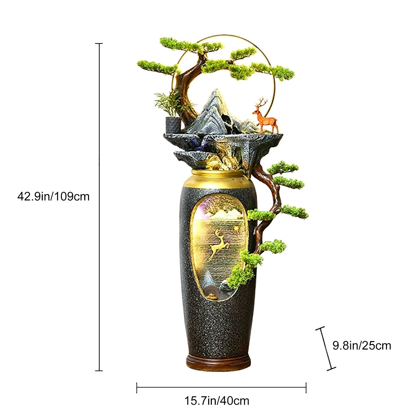 Floor Standing Outdoor Water Fountain, Deer Accents Flowing Water Ornament, Floor Standing Decorative Vase for Living Room, Entrance Door