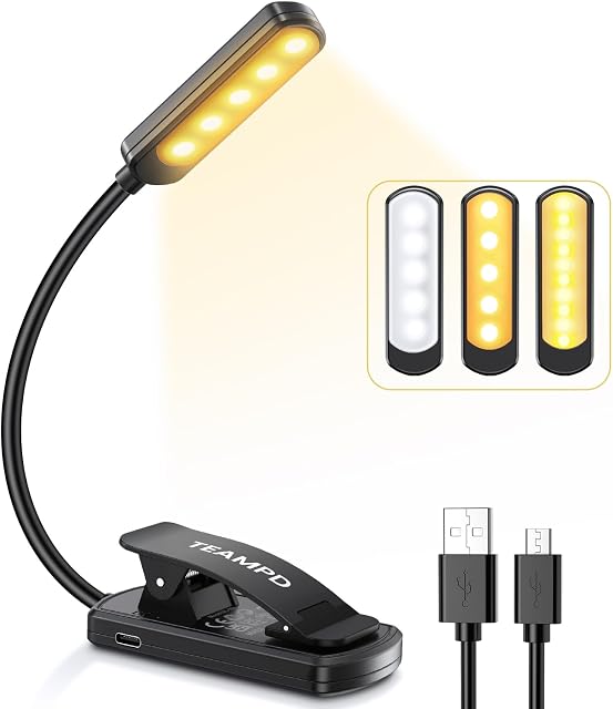 TEAMPD Lampa do czytania, 9 diod Led, USB, uchwyt mocujący, elastyczność 360°, 3 temperatury barwowe (biała/ciepła/biała ciepła), mini lampka do czytania w łóżku, dziecku, Kindle, podróż,