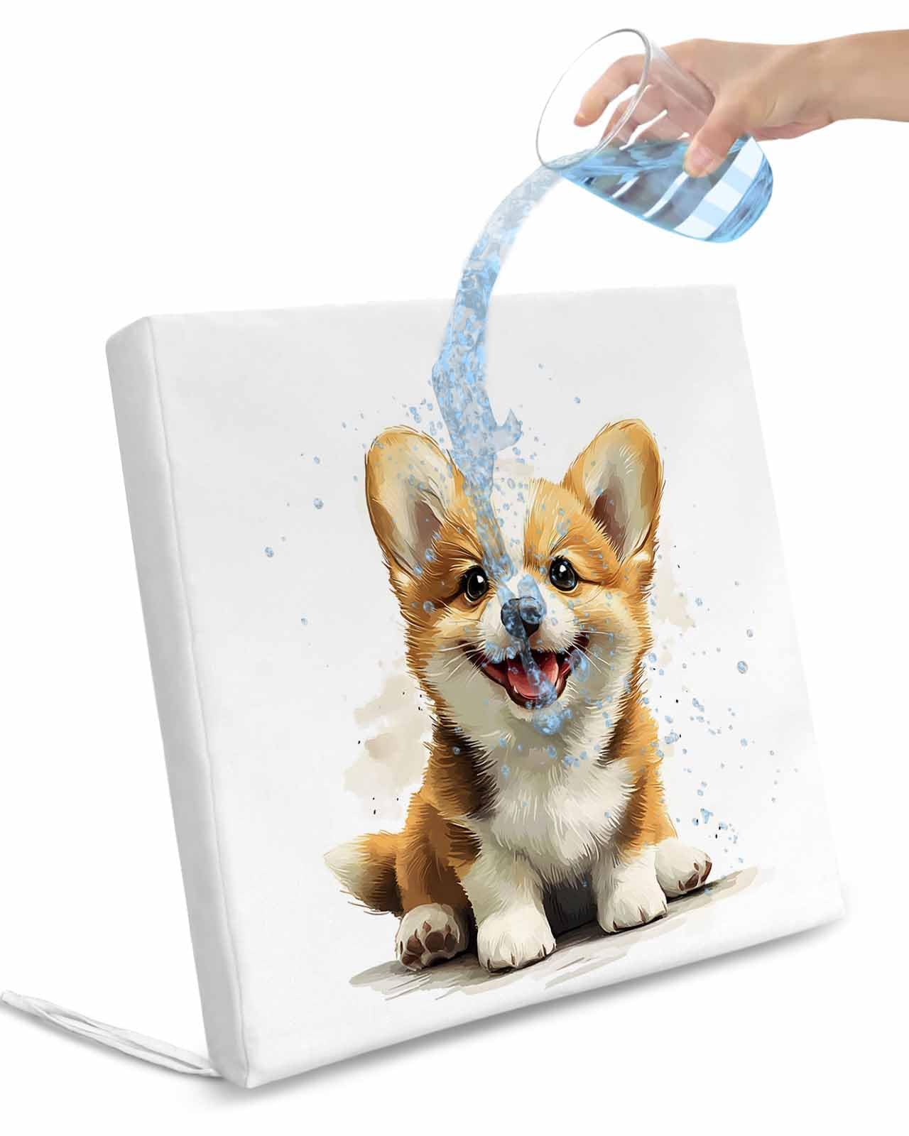 2 Pack Sitting Puppy Cartoon Waterproof Cushion Covers with Ties, Outdoor Patio Chaise Lounge Chair Seat Cushion Slip Covers Replacement(Only Cover) Watercolor Cute Dog Animal 20