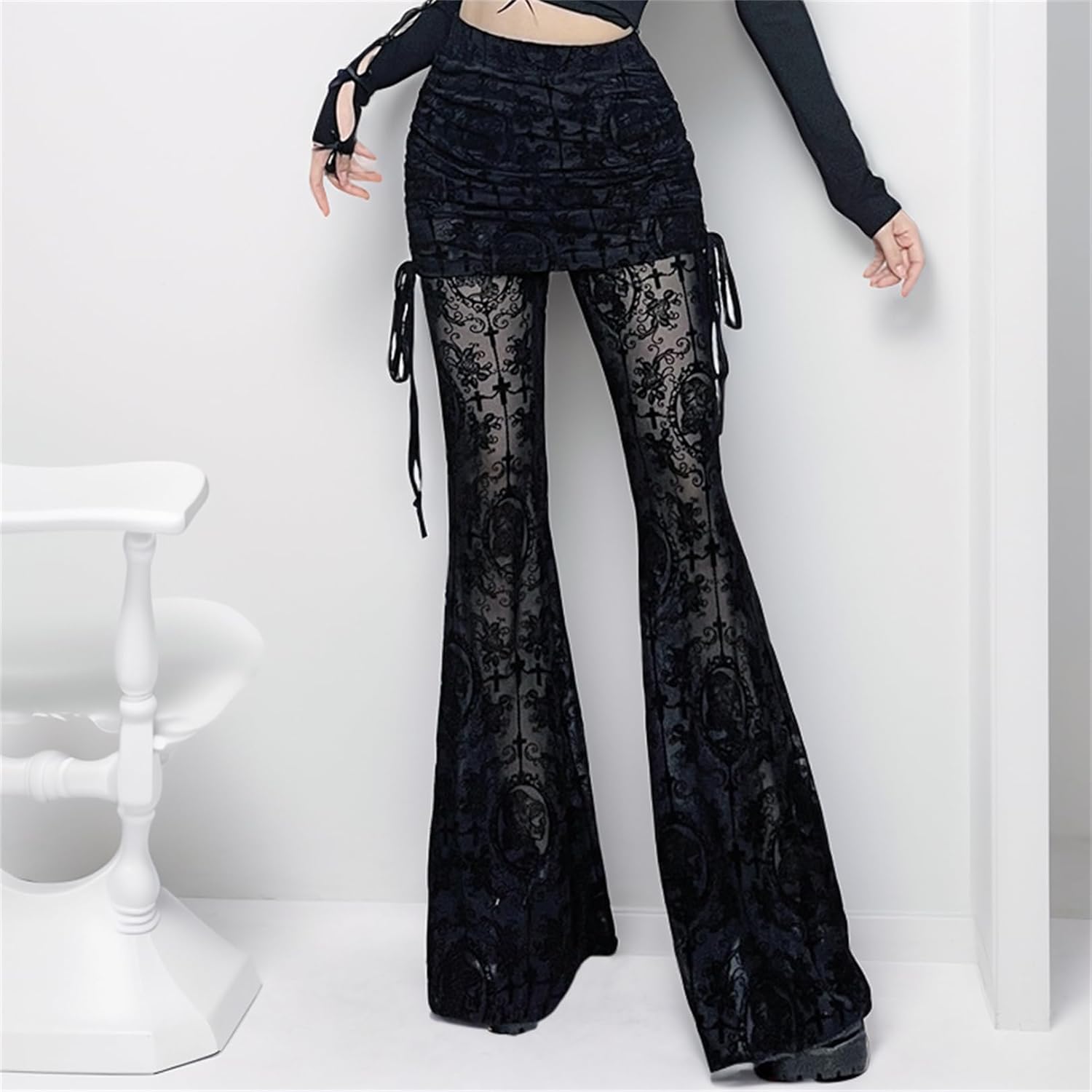 Vintage Bell Bottom Lace Pants Woman Goth Sheer Mesh Drawstring Loose Flared Wide Leg - Image 2