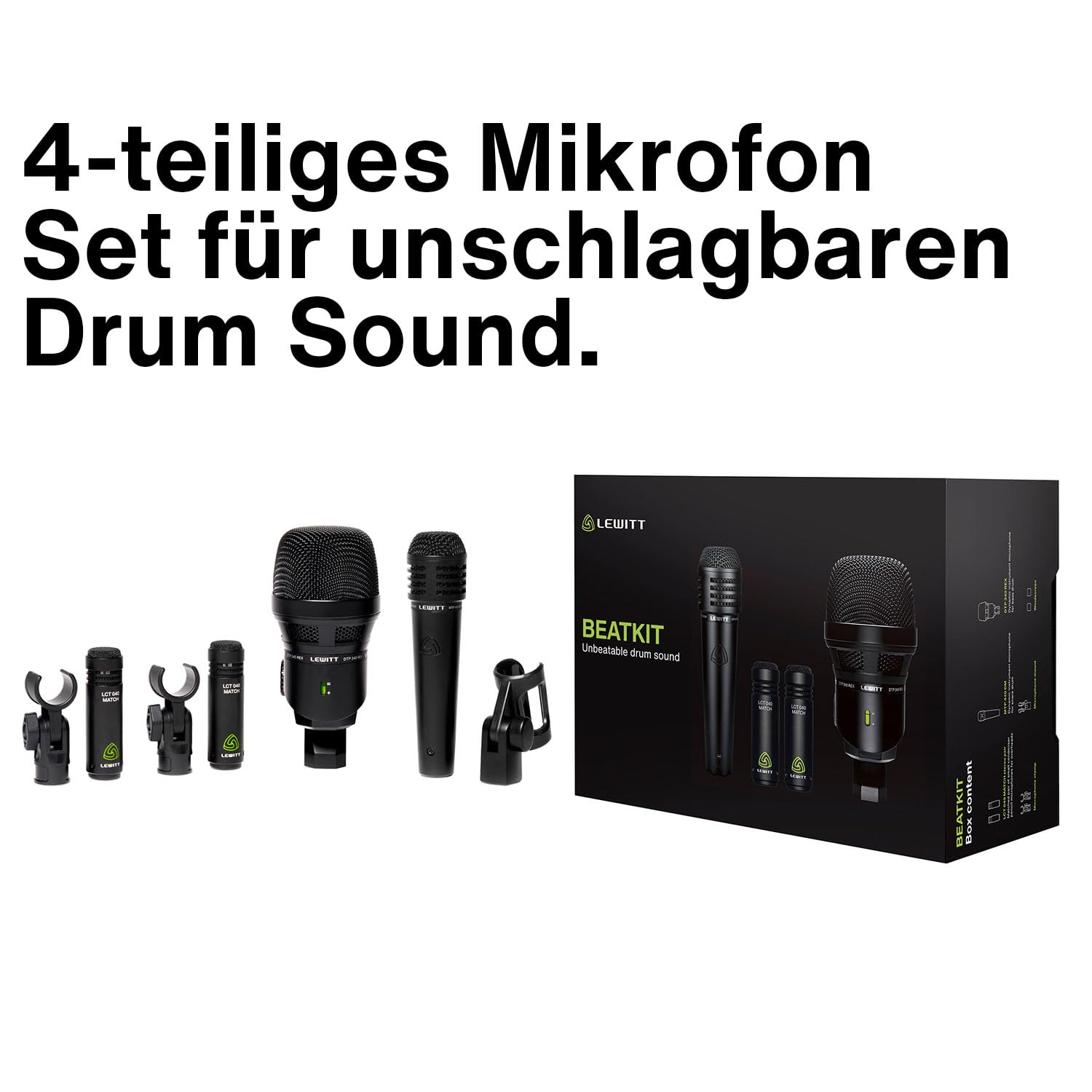 LEWITT Drum Mikrofon Set BEATKIT für Live und Studio inkl. Zubehör | Set mit Kick Drum Mikrofon, Snare Mikrofon und Stereopaar Overheads - inkl. Klemmen, Halterung und Windschutz