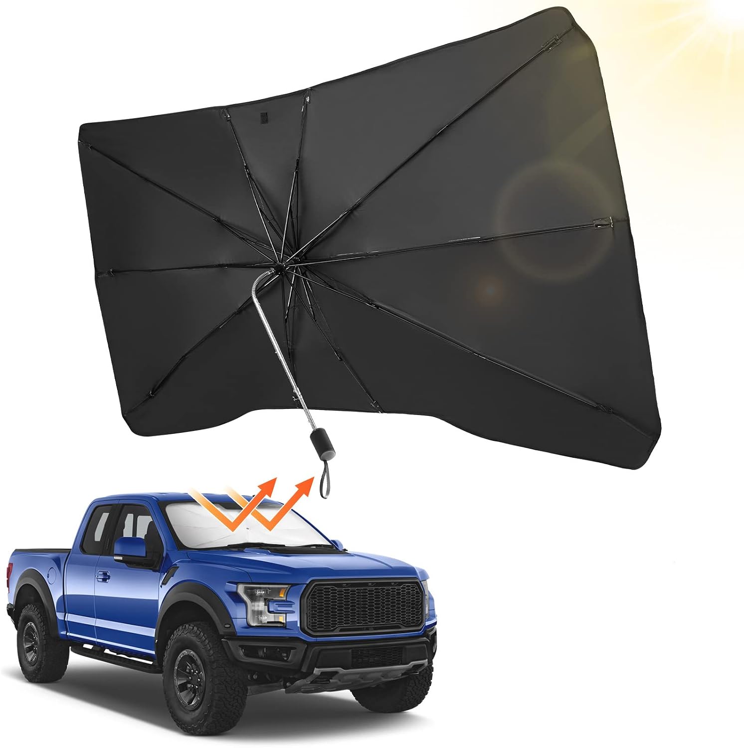 JOYTUTUS Windshield Sun Shade Umbrella Compatible with F150, for Full-Size Pickup Truck, 360° Rotation Bendable Shaft Foldable, Automotive Interior Sun Protection, UV Rays Block, Easy to Store and Use