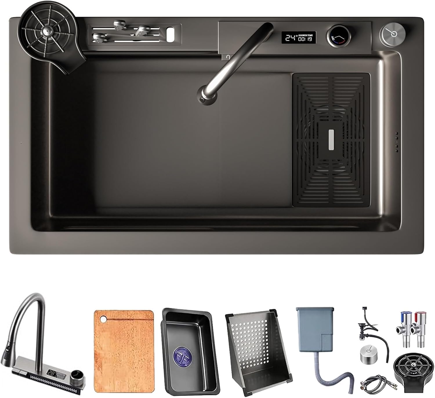 Grand évier cascade noir de cuisine pour simplifier la préparation des repas en famille