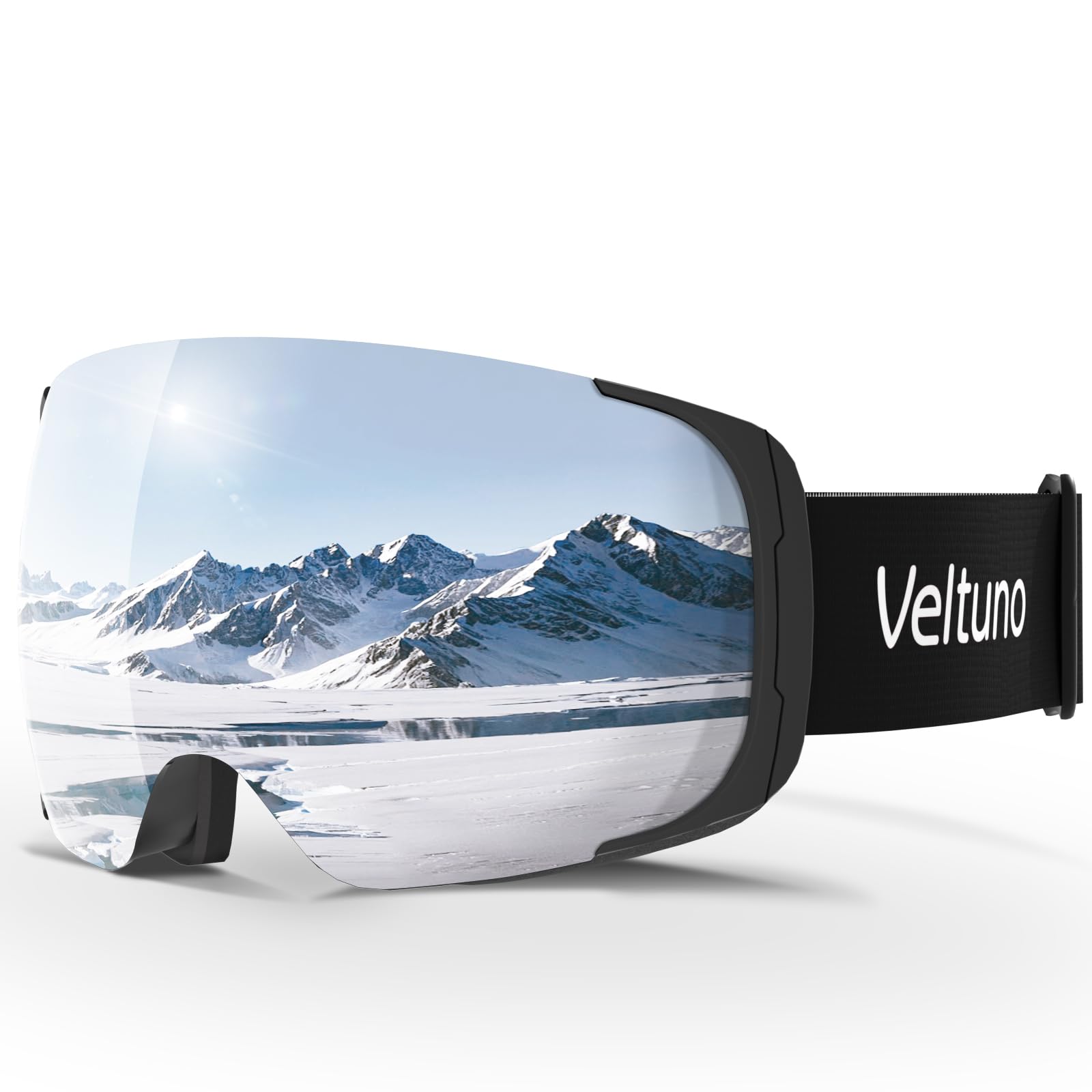 Veltuno Ski Goggles for Men Women Adult & Youth, OTG Snowboard Goggles Anti Fog, Snow Goggles UV Protection Wide Vision (Black Frame/Revo Silver Lens (vlt 10.2%))