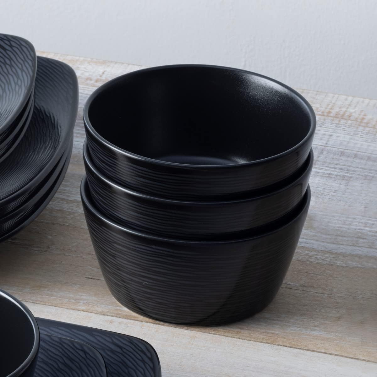 Noritake Colorscapes Black-on-Black Swirl 12-Piece Square Dinnerware Set, Service for 4