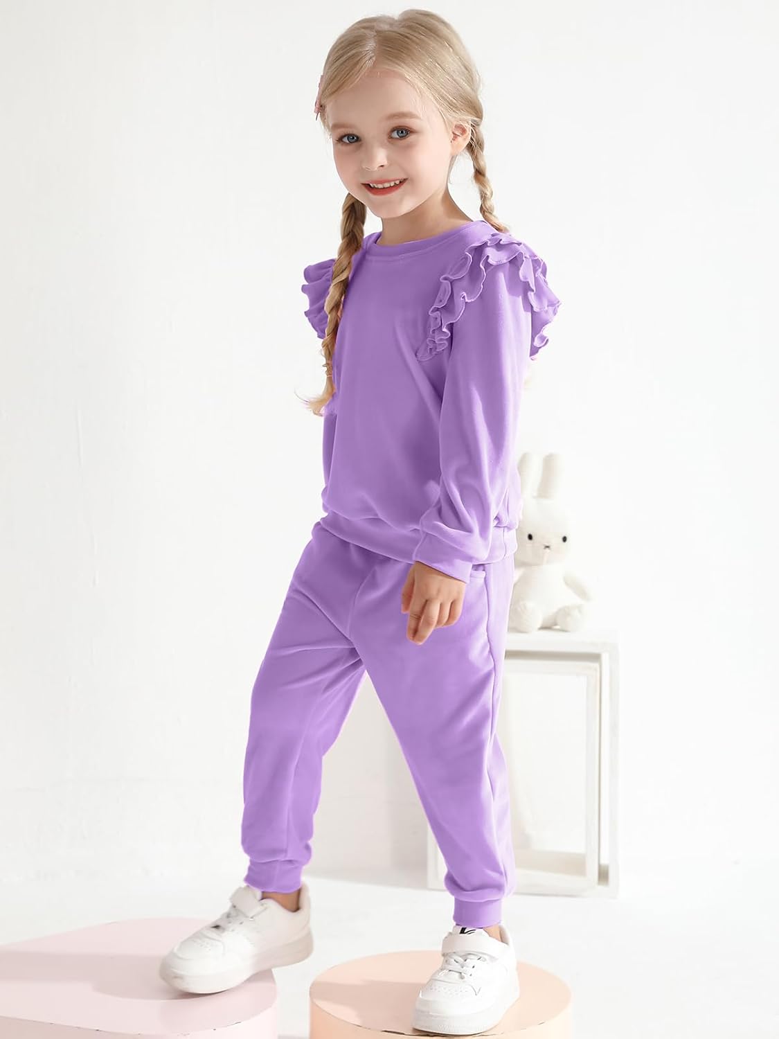 ESHOO Girls 2 Piece Outfits Kids Velour Sweatsuit Fall Tracksuits Ruffle Long Sleeve Sweatshirt Sweatpants Clothing Sets - Image 3