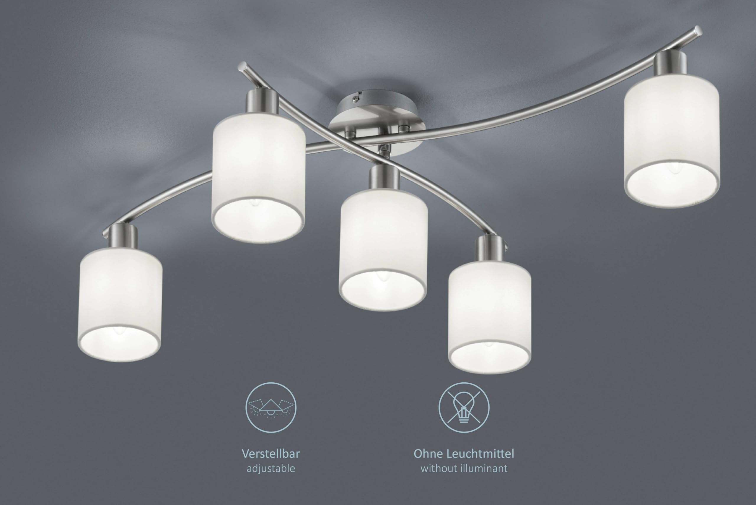 modern Deckenleuchte Marita 5-flammig nickel matt Metall, Stoffschirm weiß, drehbar und schwenkbar, exkl. 5 x E14 max. 25W, 75 x 22 x 44 cm