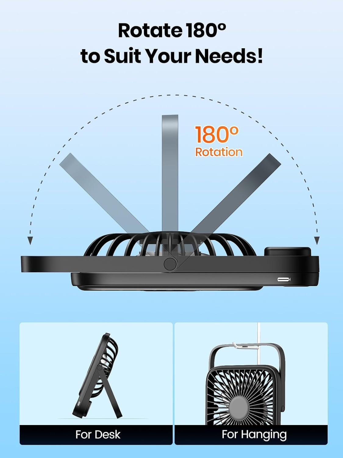 Warmco Portable Travel Fan 5000mAh, Ultra-thin Rechargeable Battery Operated Small Desk Fan, Quiet 4-Speed Personal Fans with 180° Tilt for Office, Camping, Cruise, Outdoor Black