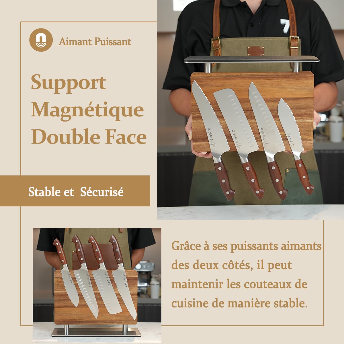 HEZHEN Bloc de Couteaux Magnétique, Porte-couteau en Bois D'Acacia, Aimanté Double Face Support à Couteaux, Outil de Rangement pour les Couteaux