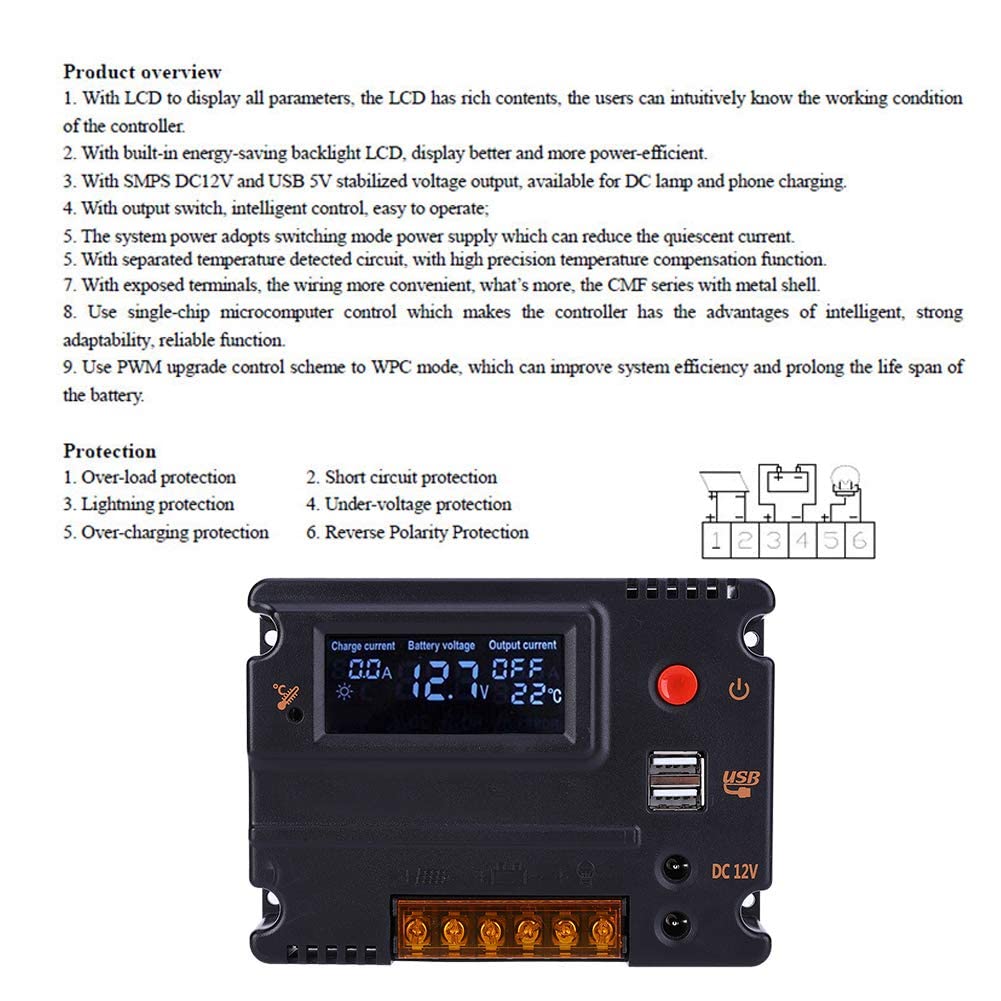 Regolatore di Carica Solare 12V 20A con Display LCD, Scheda di Retroilluminazione a Risparmio Energetico Incorporata