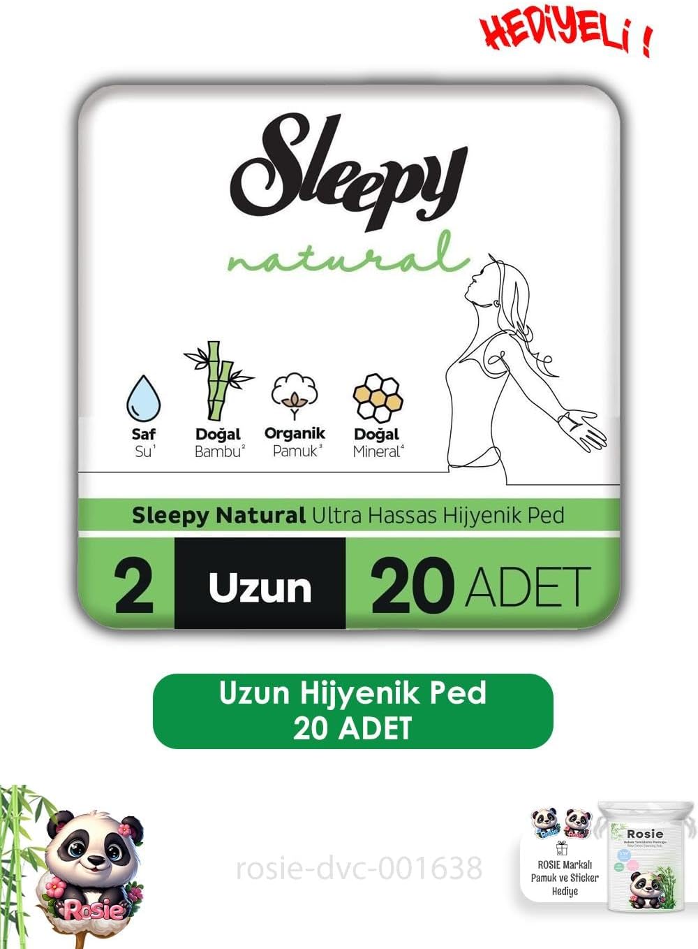 Sleepy Natural Ultra Hassas Hijyenik Ped Uzun 20 Adet Ped ve ROSIE