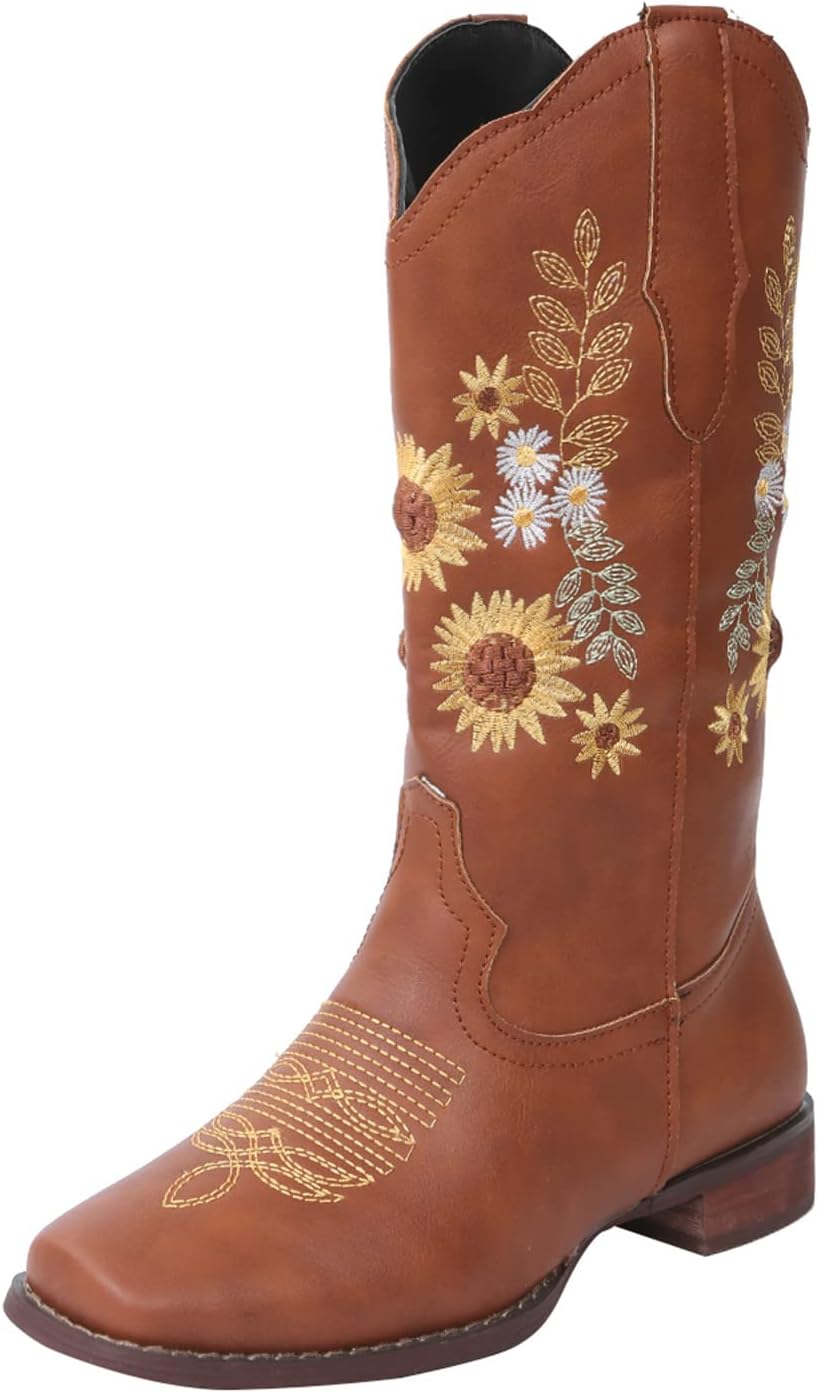 Ladmiple Cowgirl Boots Women Wide Calf Knee High Embroidered Pull On Cowboy Western Chunky Heel Mid Calf Wedding Boots