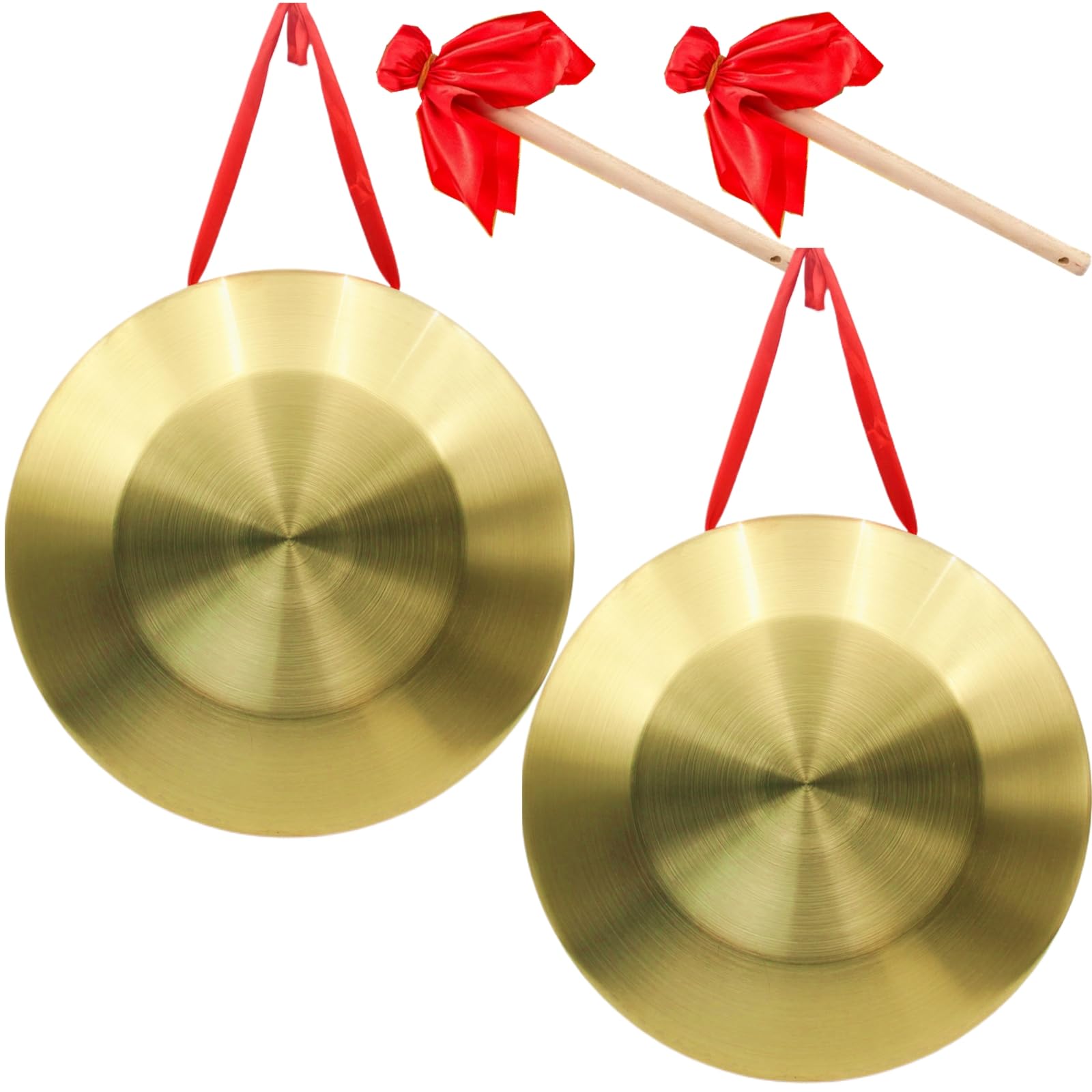 unitedessentialgoods 2 Pack Gong Instrument, 12.6 Inch Chinese Traditional Percussion Instrument Copper Gong for Celebration, Party, Festivals Office with Beater and Red Hanging Ribbon