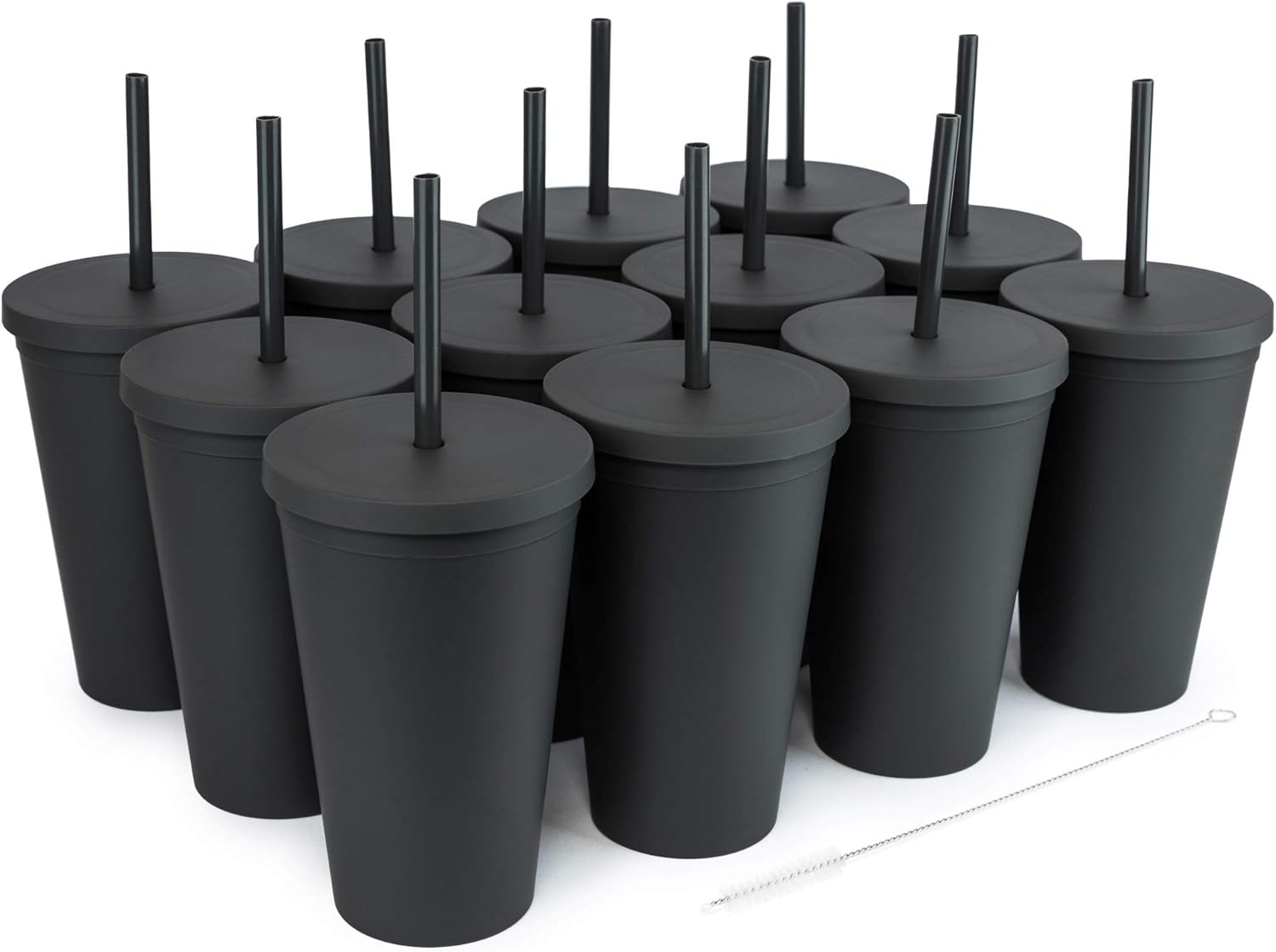STRATA CUPS Classsic Black Tumblers with Lids (12 pack) - 16oz Colored Acrylic Cups with Lids and Straws | Double Wall Matte Plastic Bulk Tumblers With FREE Straw Cleaner! Customizable DIY Gifts 16oz (Pack of 12)