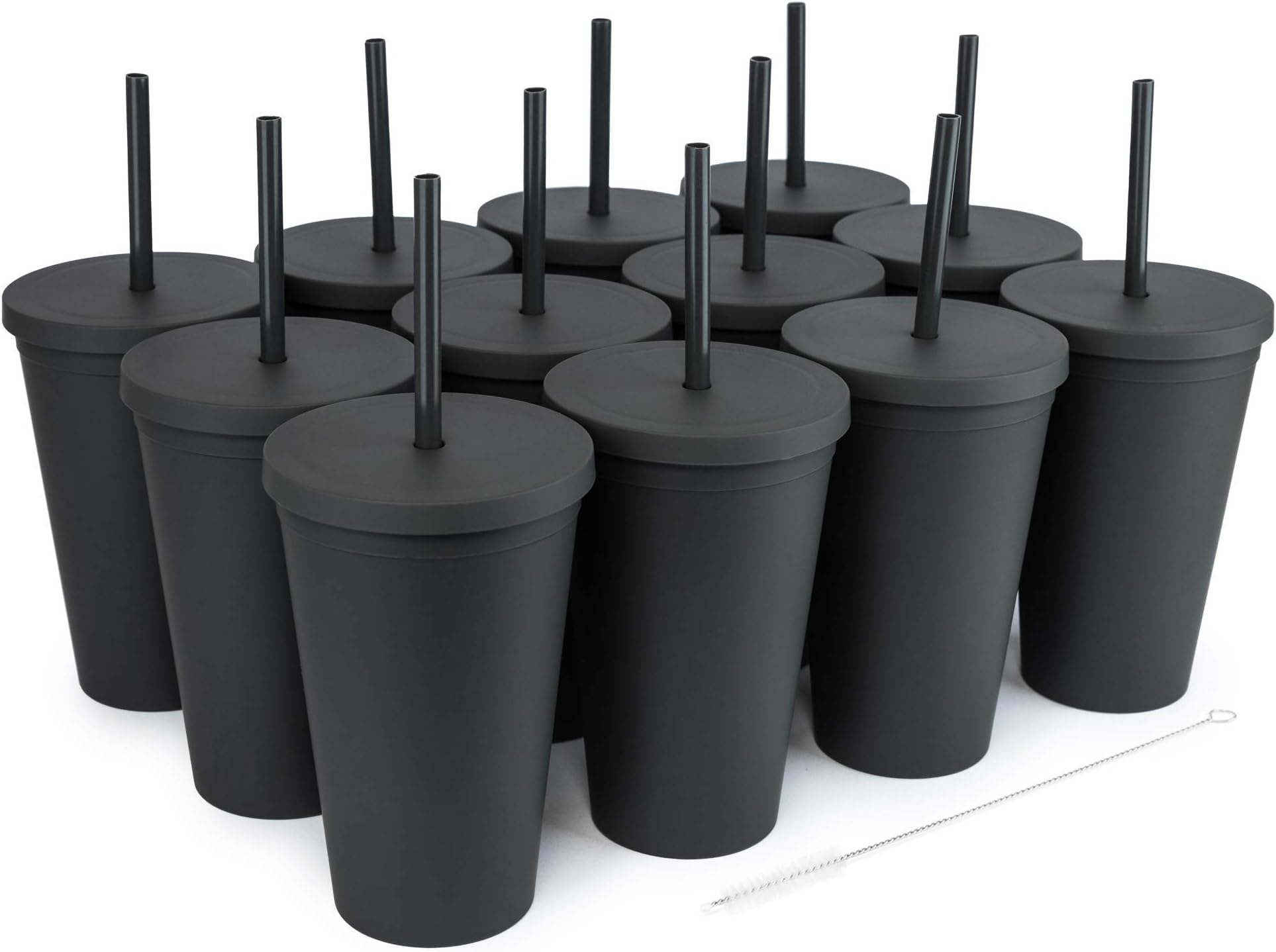 STRATA CUPS Classsic Black Tumblers with Lids (12 pack) - 16oz Colored Acrylic Cups with Lids and Straws | Double Wall Matte Plastic Bulk Tumblers With FREE Straw Cleaner! Customizable DIY Gifts