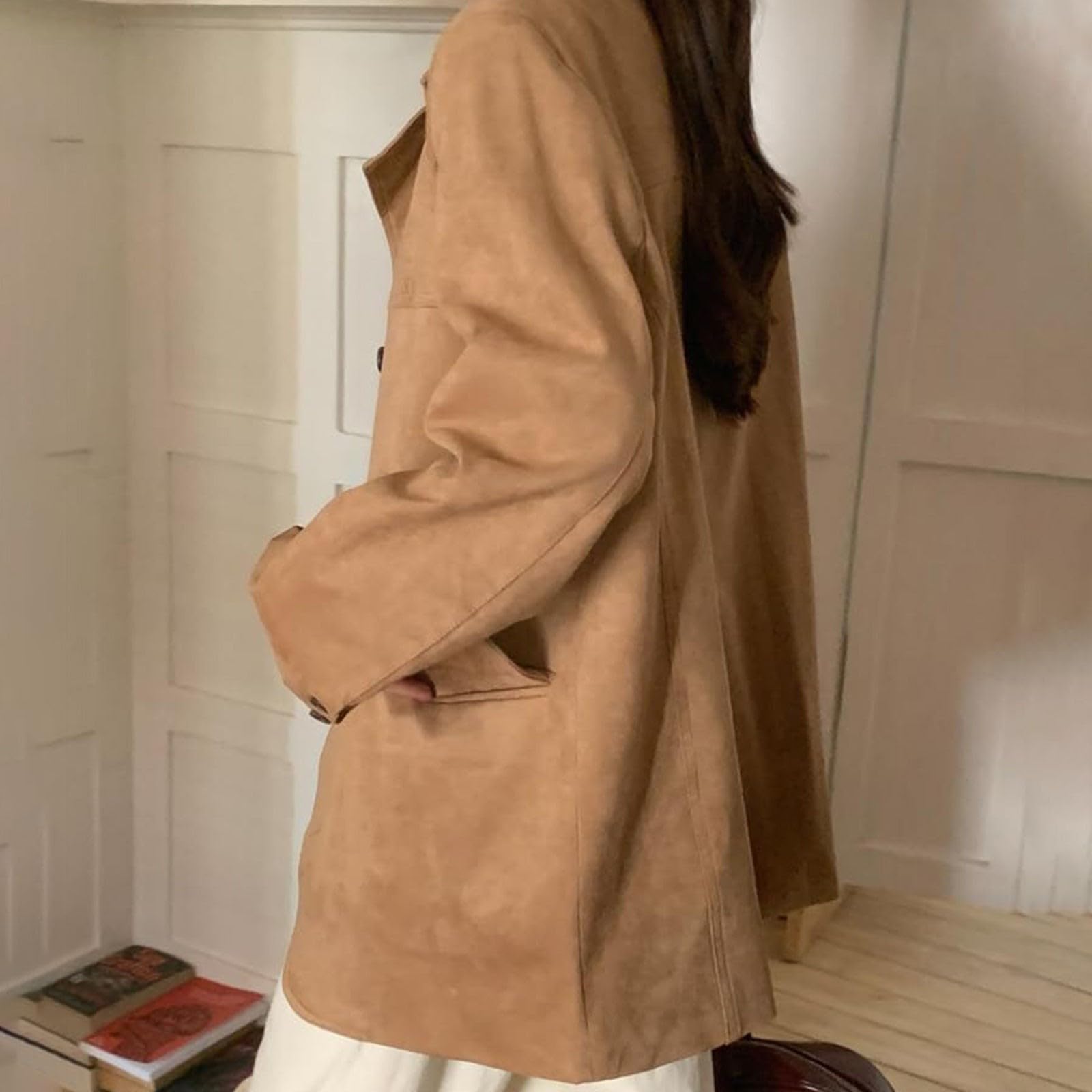 Blazer da donna, elegante, vintage, aperto sul davanti, con colletto a risvolto, per le mezze stagioni, per lavoro, ufficio, lungo, per il business, tinta unita, per il tempo libero, con tasche