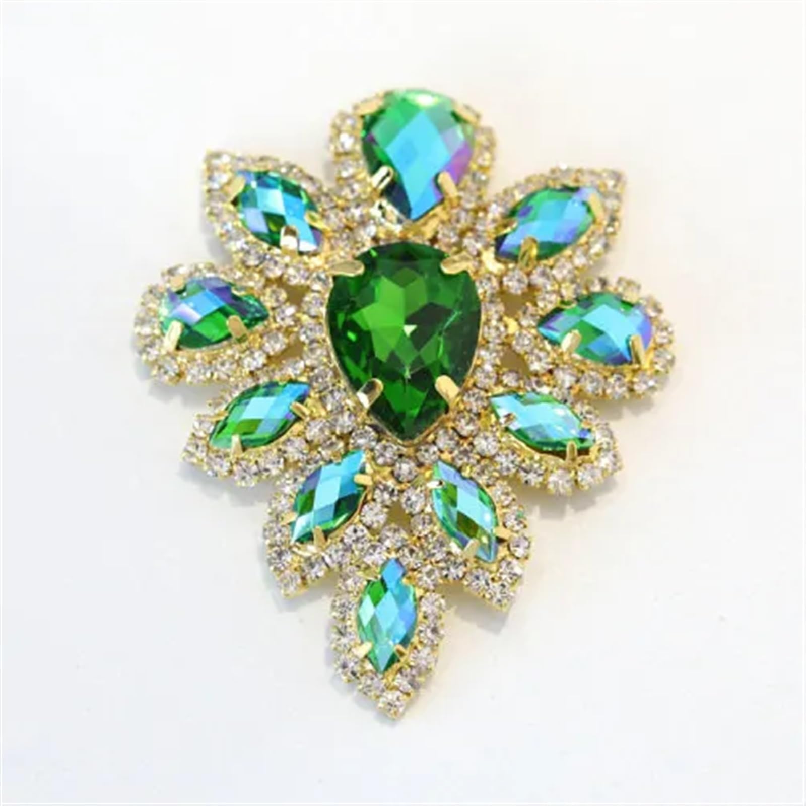 Szklane kryształki Kryształowe szkło AB z kryształkami do przyszywania, złota podstawa, 4,5 x 5,8 cm, wielokolorowe(Green)