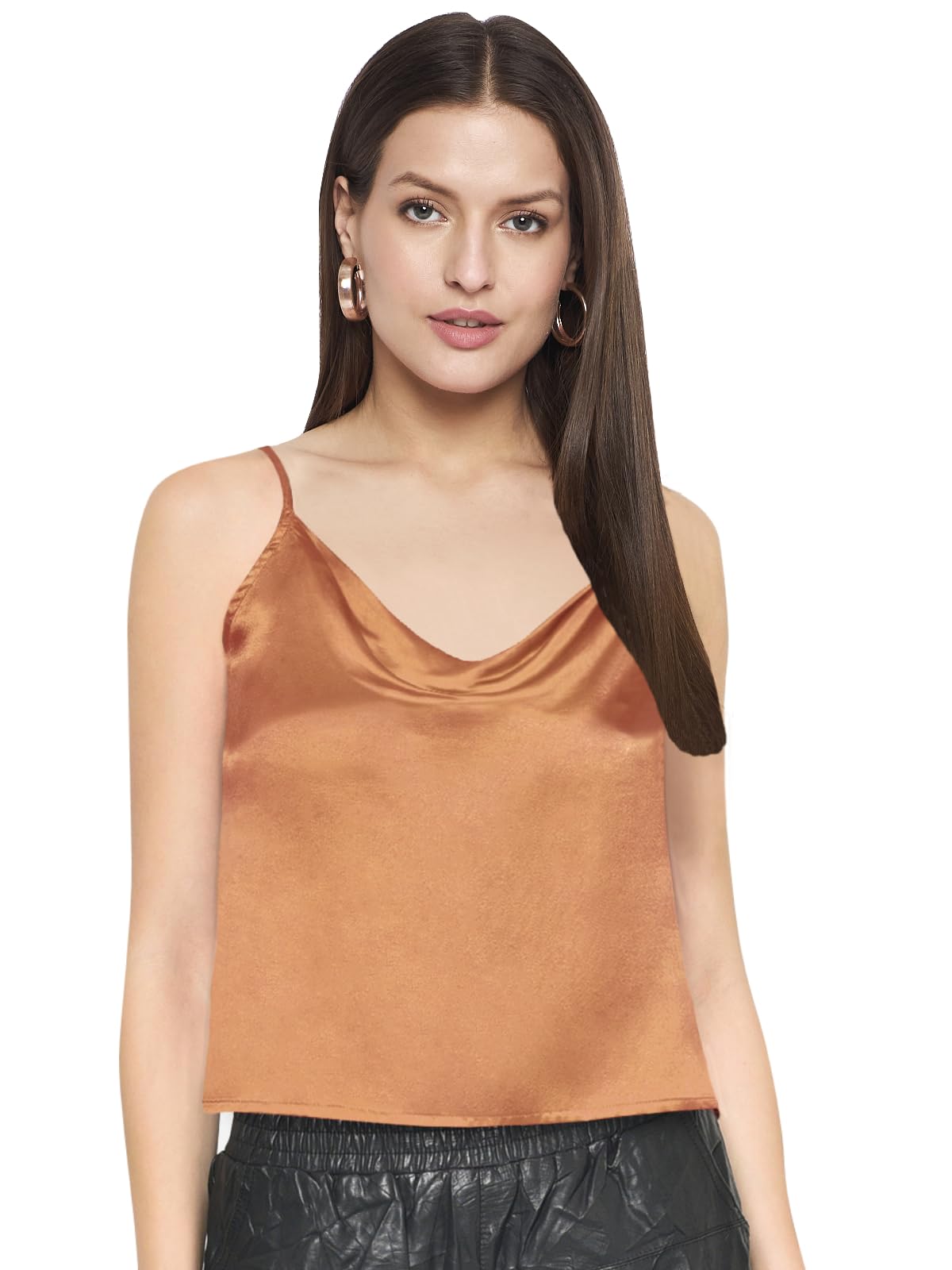 martini get high ! Martini Women Western Top | Regular Fit Cami | Satin | Cowl Neck | Sleeveless | Stylish Clubwear (Orange)-picture-33