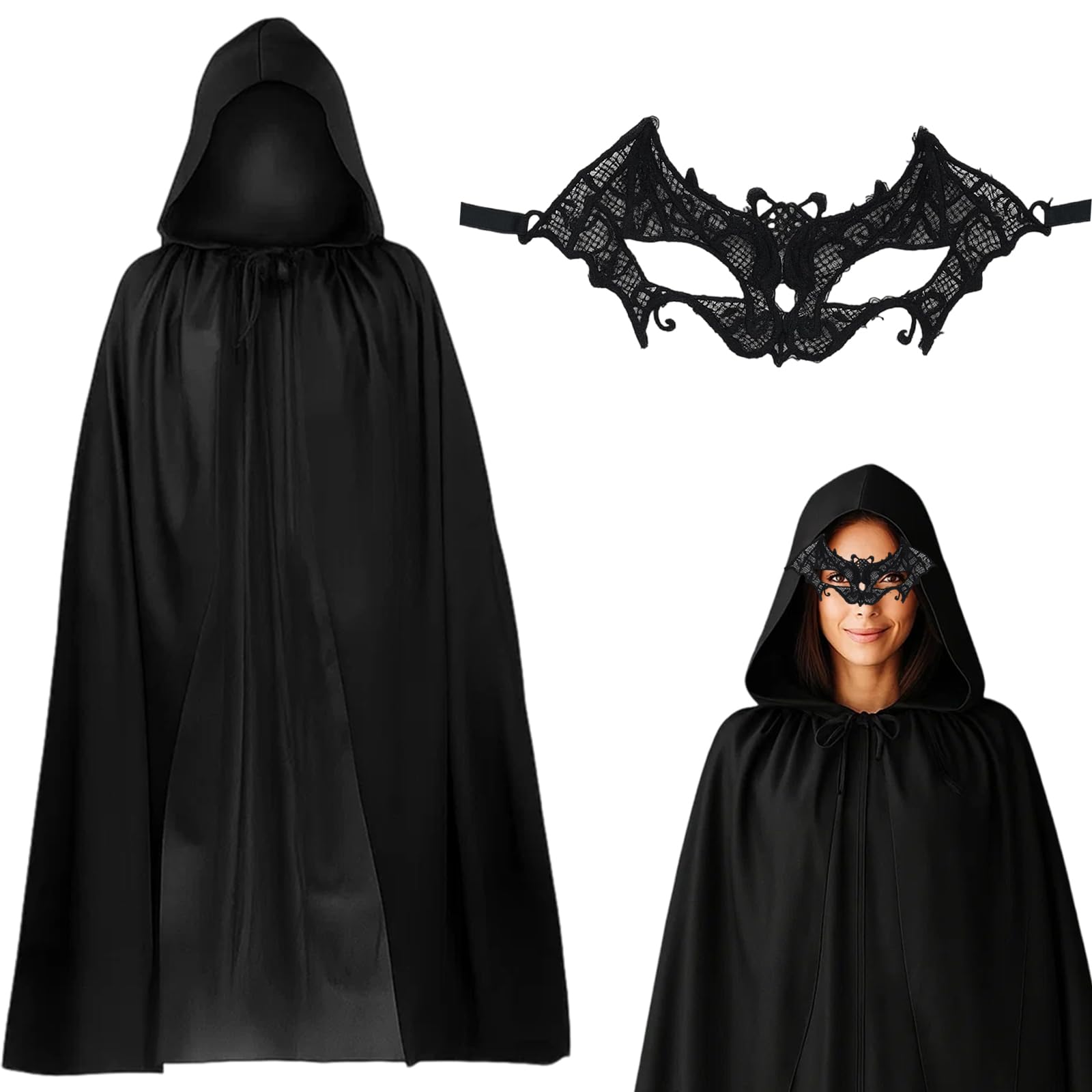 2 Pcs Grim Reaper Costume, 140 cm Long Black Cloak, Black Cape, Hooded Cloak Cape With Mask, Halloween Medieval Clothes Harry Potter Costume Adult Voldemort Fancy Dress For Women Men Kids & Adults
