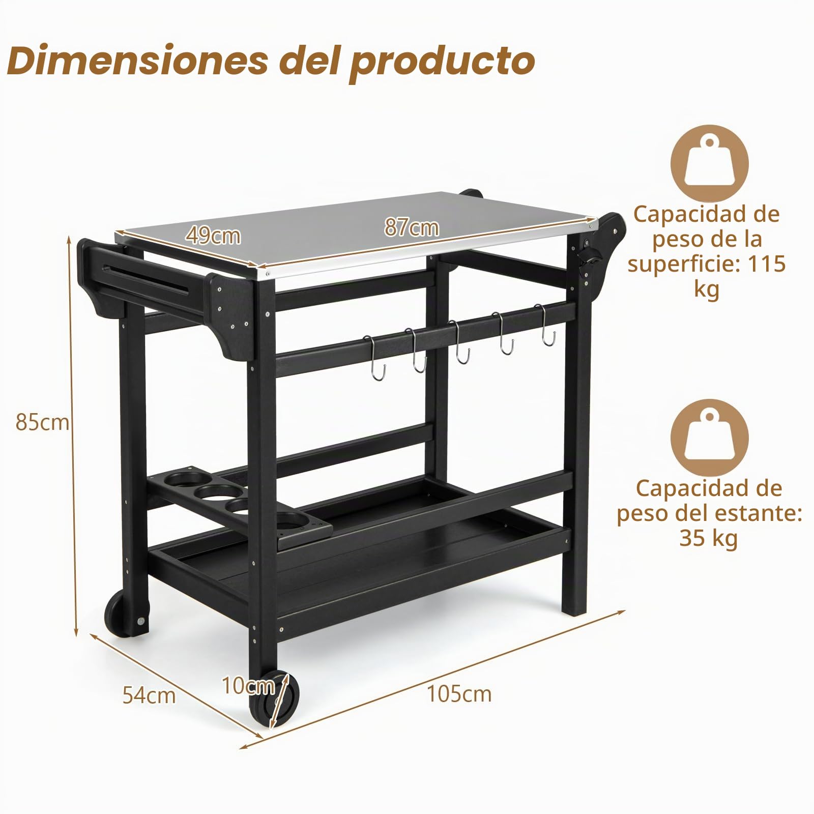 KOMFOTTEU Carro de Barbacoa con Encimera de Acero Inoxidable, Carrito de Jardín con 2 Ruedas, Estante para Botellas, Bandeja Inferior, 5 Ganchos, Mesa de Preparación de Alimentos para Picnic, Patio