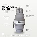 Sportisimo Collapsible Water Bottle 475ml | Foldable Silicone Travel Bottle with Flip-Top Straw Lid · Carabiner Clip · BPA-Free Food-Grade | 16oz Reusable Hydration for Hiking, Gym, Travel | Gray
