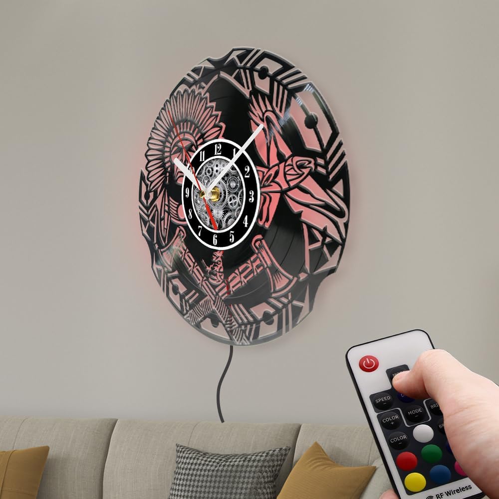 The Geeky Days Native American Culture Vinyl Record Wall Clock with LED Light Tribal Traditional Headdress for Living Room Ethnic Home Decor Luminous Timepieces Gift for Native American Culture Lovers