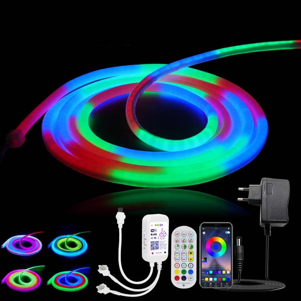 KISUFU 24V WS2811 RGB Tira de Luces LED de Neón, 360 Grados Tira LED Neón SMD 3535 120LED/M IP67 Impermeable con 24 keys Wifi Music Control, Flexible Cinta LED para Bricolaje Fiesta Decoración.