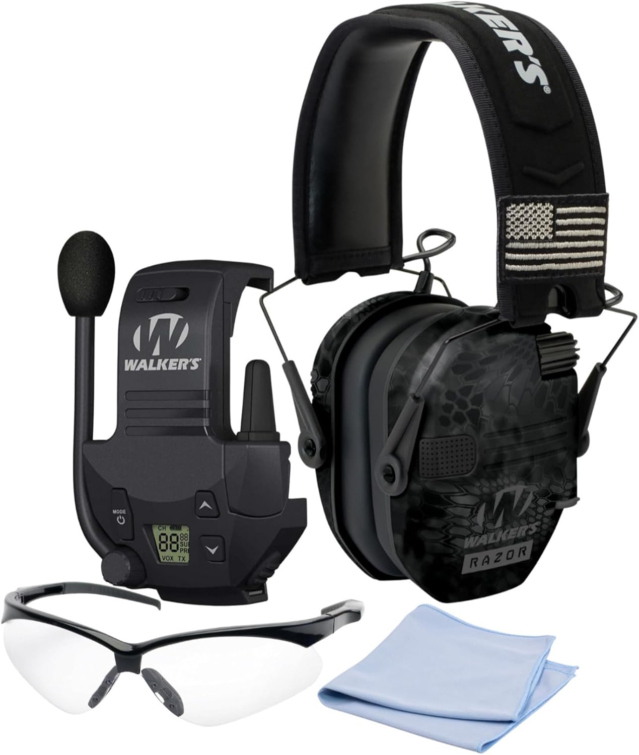 Walkers Razor Patriot Series Hi-Gain Omnidirectional Microphone Electronic Muffs (Kryptek Camo) Bundle with Walkie-Talkie Attachment, Protective Sport Glasses and Cleaning Cloth (4 Items)