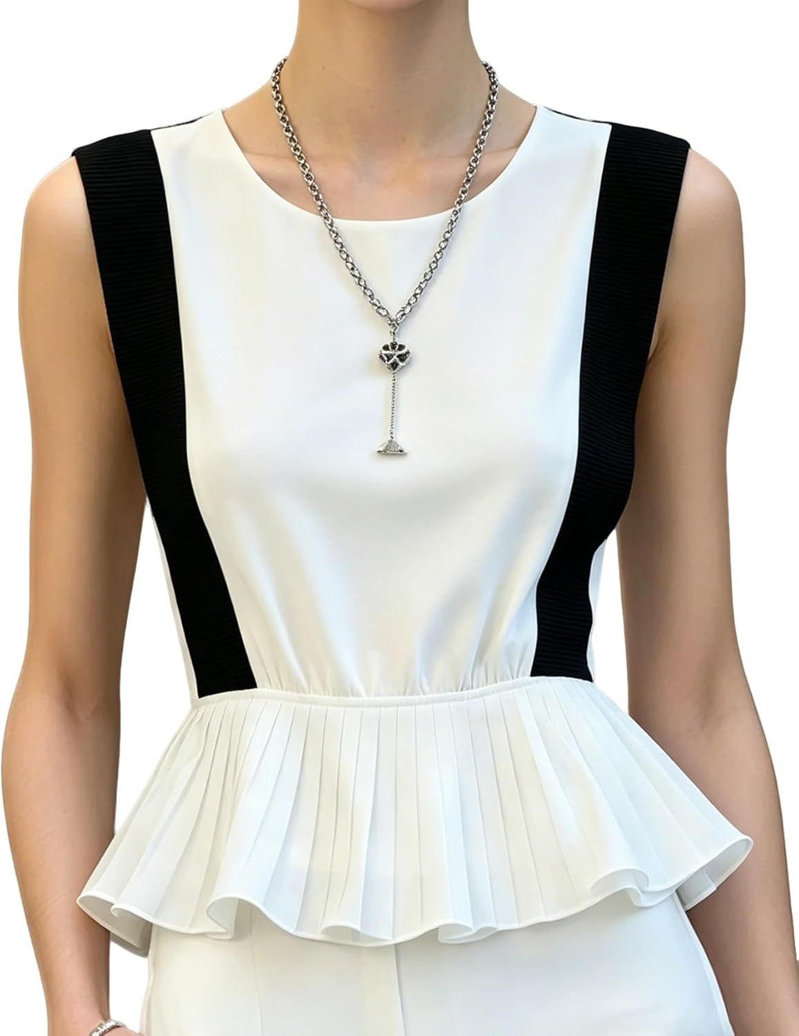 Going Out Tops for Women Color Block Sleeveless Pleated Ruffle Hem Blouse Tops for Women Trendy