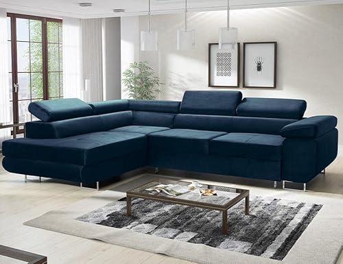 ML Furniture Ltd Avatar Velvet Ecksofa in L-Form 277 x 73 x 203 cm mit Schlaffunktion und Bettzeugbehälter - Schlafsofa mit Bettkasten - Eckcouch mit Stauraum - Links - Farbe: Monolith Blau (MO77)