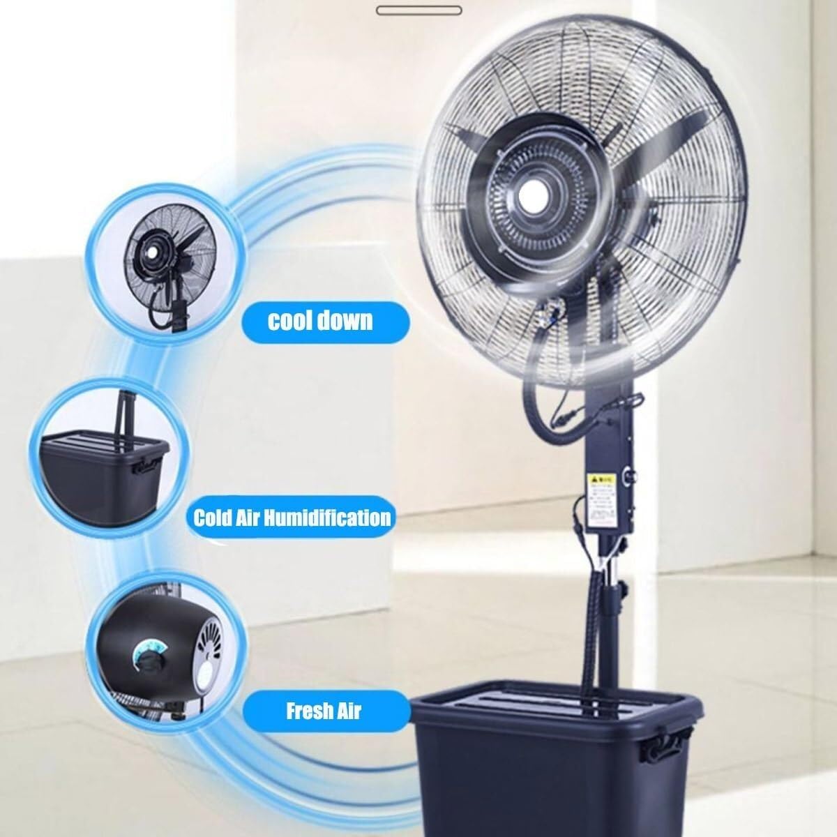 Ventilador nebulizador con oscilación de 3 velocidades y tanque de 11 galones para gimnasio, garaje y patio, solución de refrigeración eficiente para espacios interiores y exteriores