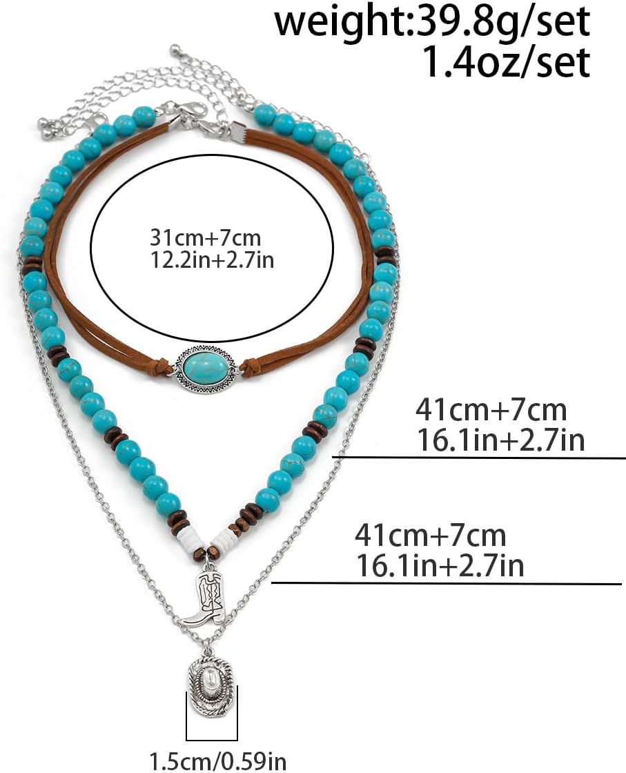 Western Turquoise Layered Chain Necklaces Brown Suede Choker Necklace Set Boho Jewelry Gifts for Women Cowgirls - Image 2