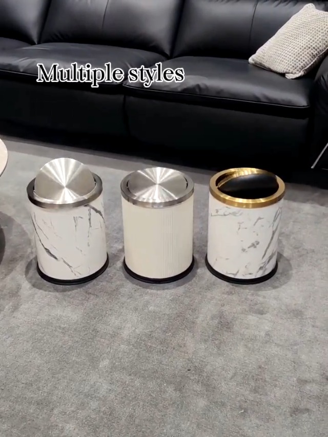 Image of 4 Gallon Bathroom Trash Can with Swing Lid, White Gold Garbage Can, White Marble Leather Waste Basket, for Bedroom Kitchen Powder Room (Marble)