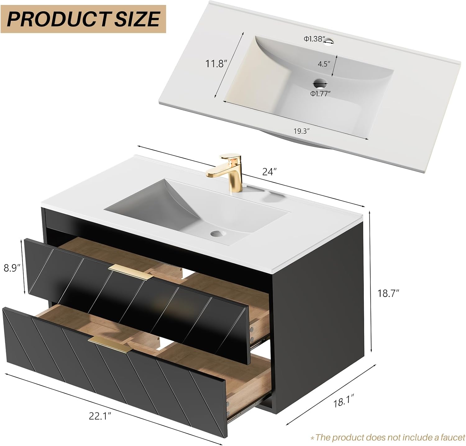 24 Inch Bathroom Vanity with Sink, Modern Floating Vanity with Resin Sink, 2 Large Storage Darwers, Wood Grain Texture Wall Mounted Bathroom Vanities, Gold Handles