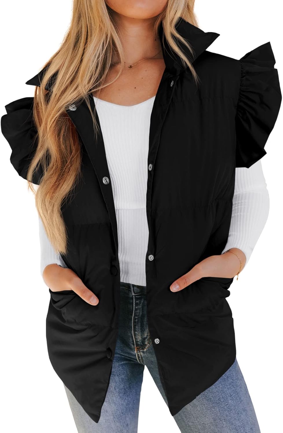 Valphsio Women’s Puffer Vests Ruffle Sleeve Winter Button Down Padded Gilet with Pockets