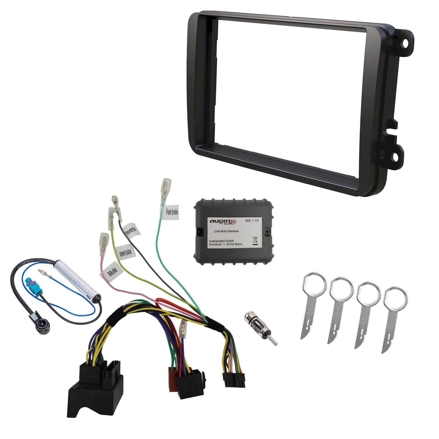 Audioproject A110 - CanBus zestaw zaślepek do radia 2-DIN kompatybilny z VW Golf 5 6 Polo 6R Passat Touran Caddy T5 Skoda Seat - osłona radia samochodowego podwójna DIN adapter antenowy odblokowanie