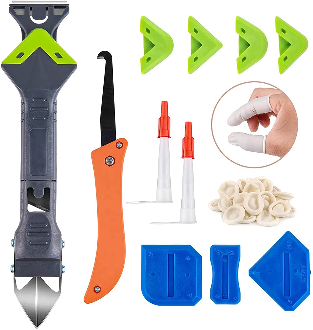 DELFINOUpgraded 5 in 1 Caulking Tool (Stainless Steel Head), Silicone Sealant Finishing Tool Caulk Scrapper Great for Bathroom Sink Joint (Nozzle Applicators & 20 Finger Cots included)