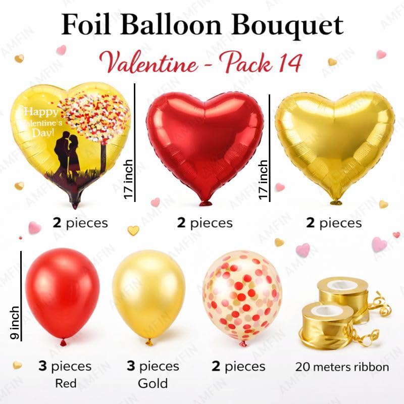 Image of AMFIN (Pack of 14) Happy Valentine's Day Balloon Decoration Set | Romantic Heart Foil Bouquet Metallic Helium Bunch Proposal Anniversary Celebration Party Decor - Golden