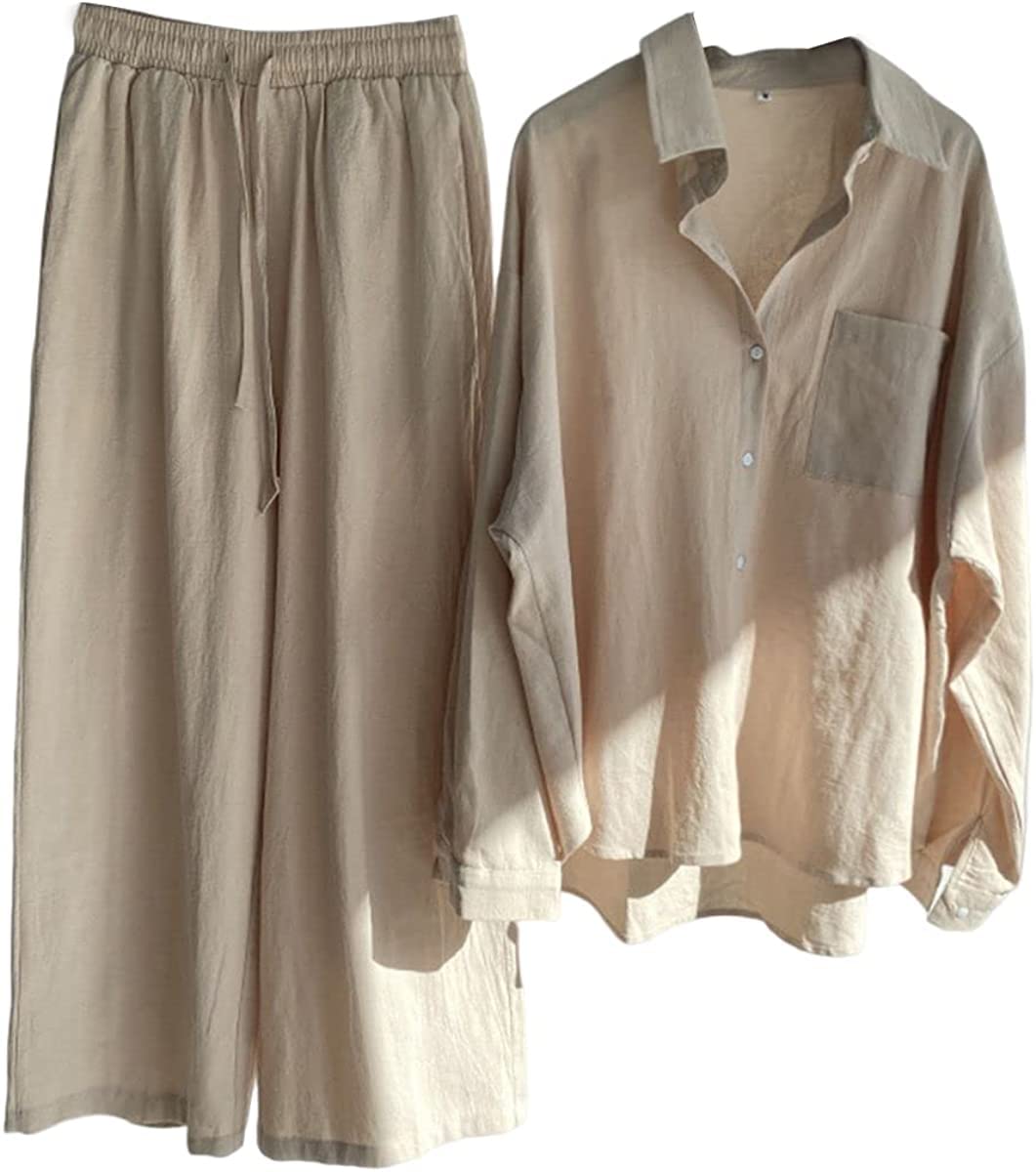 Vagbalena Pantalones Elegantes de Dos Piezas de Lino de Lino de Verano para Mujer con Botones Camisa de Manga Larga con Solapa Pantalones Anchos Conjunto de Ropa Informal