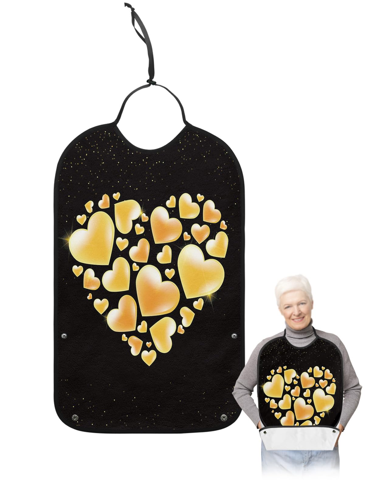 LEOKOTI Valentines Adult Bibs for Eating, Waterproof Bibs with Food Catcher & Adjustable Snap Closure, Golden Love Heart Black Backdrop Washable Clothing Protectors Adult Bibs for Elderly Women/Men