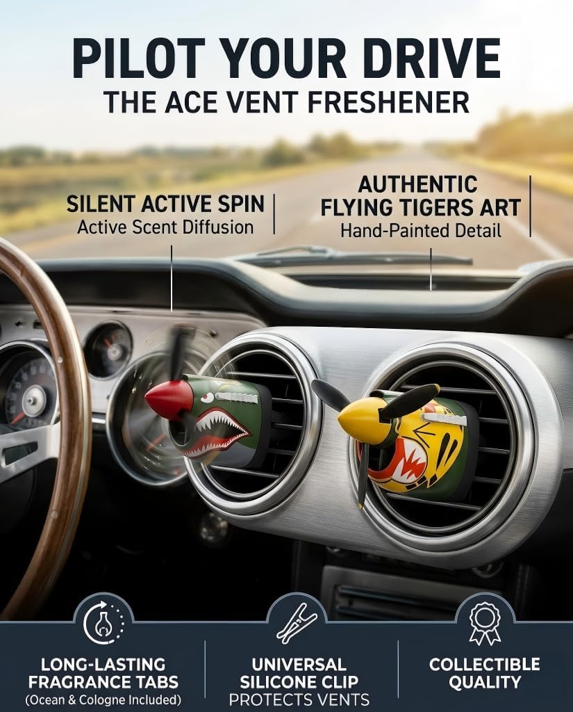 Retro fighter car air freshener vent clip (2-piece set) - Silent rotating propeller deodorizer - Men's active odor diffuser - Unique men's car accessory gift
