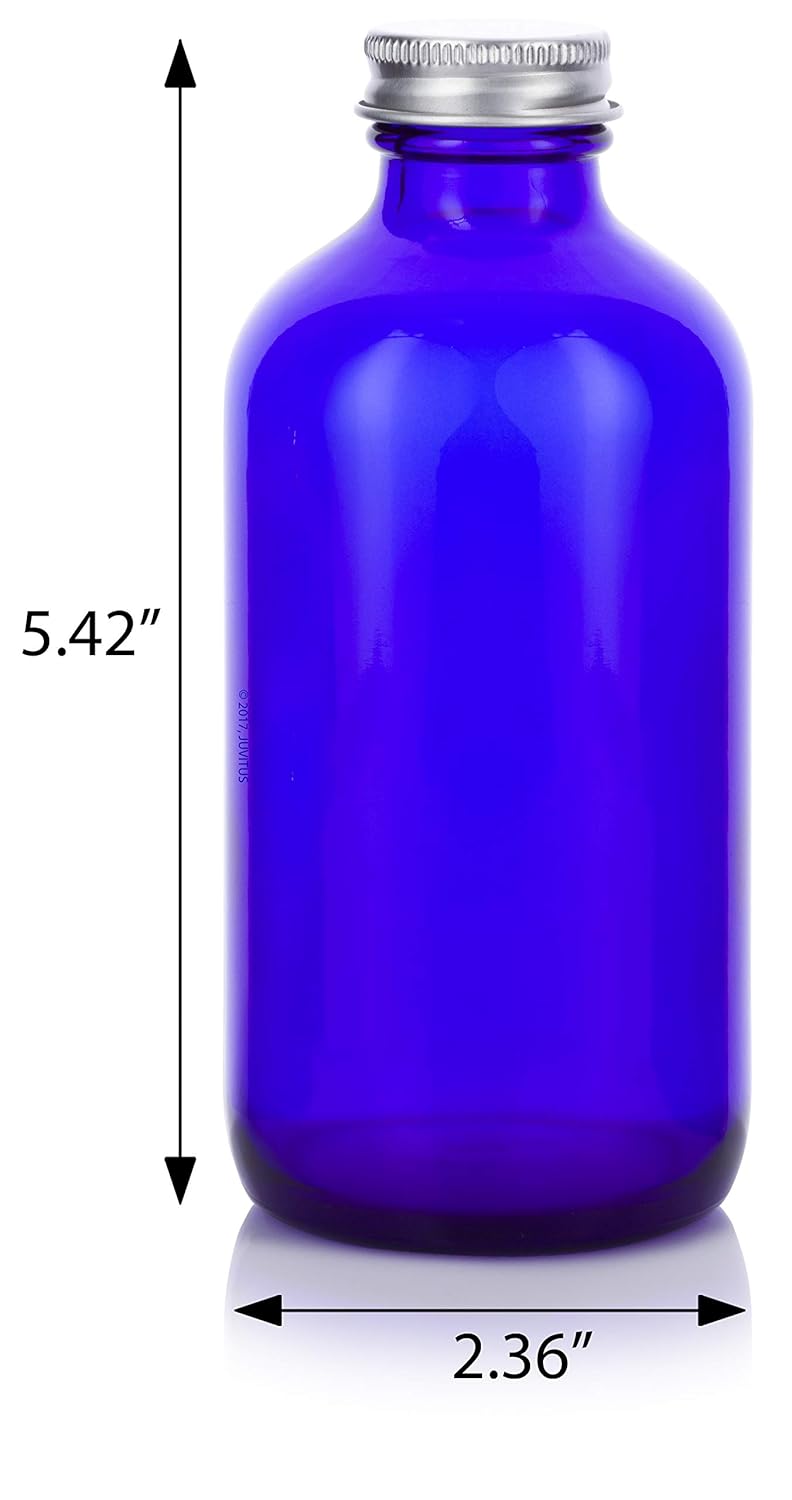 JUVITUS 8 oz Glass Boston Round Bottles with Silver Metal Screw On Caps (6 Pack) + Funnel (Cobalt Blue)